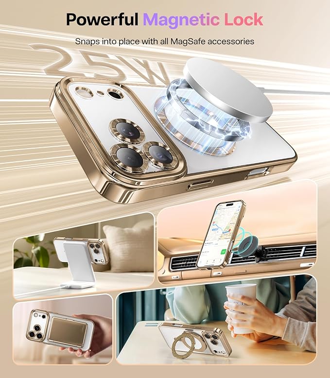 Meifigno Designed for iPhone 17 Pro Case 6.3", [Glitter Card & Wrist Strap] [Compatible with MagSafe] [2X HD Screen Protectors] Surround Raised Lens Protection for 17 Pro Case Women, Desert Titanium