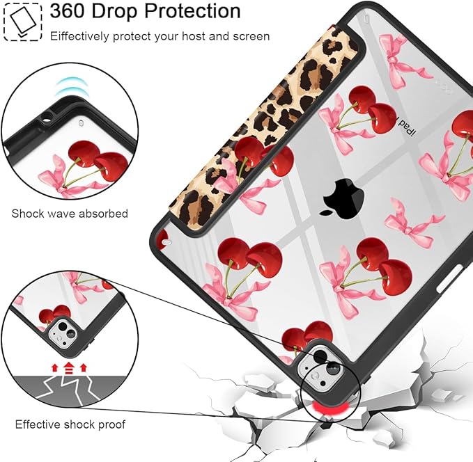 May Chen for iPad Pro 13 Inch Case M5 2025 / M4 2024, Built Pencil Holder & Clear Transparent Print Back Shell Slim Stand Shockproof Tablet Cover, Auto Wake/Sleep, Cherry & Cheetah