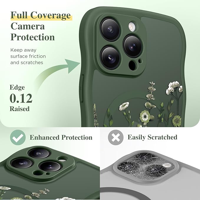 GVIEWIN for iPhone 15 Pro Max Case Compatible with MagSafe [Curly Wave Edge][Full Camera Protection]Floral Translucent Shockproof Magnetic Women Phone Case for 15 Pro Max 6.7'',Floratopia/Forest Green