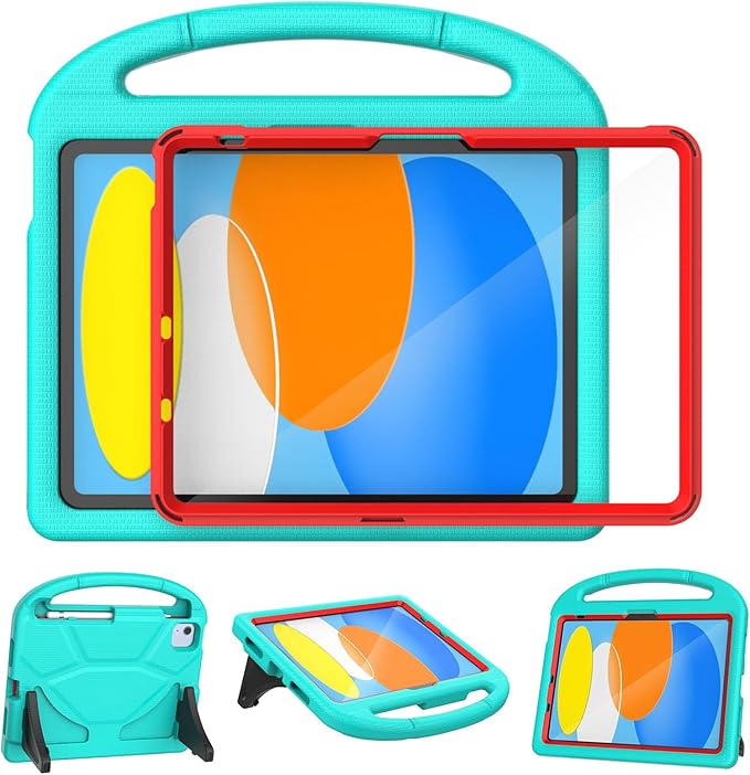 YIHE Kids Case for iPad A16 11th Generation (11" 2025) & 10th Gen (10.9" 2022) | Shockproof Tablet Cover with Built-in Screen Protector & Pencil Holder for iPad 10.9/11 Inch, Cyan Red