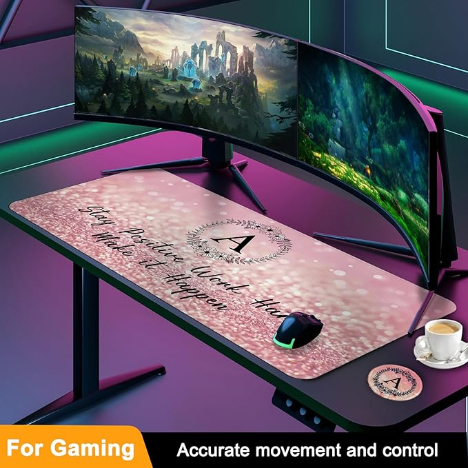 Pink Large Gaming Mouse Pad with Coaster, Desk Mat, Mouse Pad for Computer Keyboard Laptop Office Decor, Stitched Edges Extended Mousepad, 31.5'' x15.6'' -Letter A