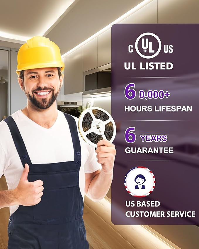 HitLights White LED Strip Lights 4000K, 16.4ft Premium 12V COB Tape Light High Density, 2400 LEDs, 305+ LM/FT, CRI 90+, IP30, Lighting for Kitchen, Cabinets, UL Listed (Power Source Not Included)