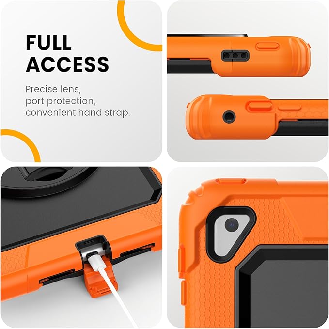 Timecity Case for iPad 6th/5th Generation, for iPad 9.7 Inch Case with Screen Protector Rotating Stand/Hand Strap Full-Body Silicone+PC Durable Protective Case for iPad 5th/6th /Air 2/Pro 9.7- Orange