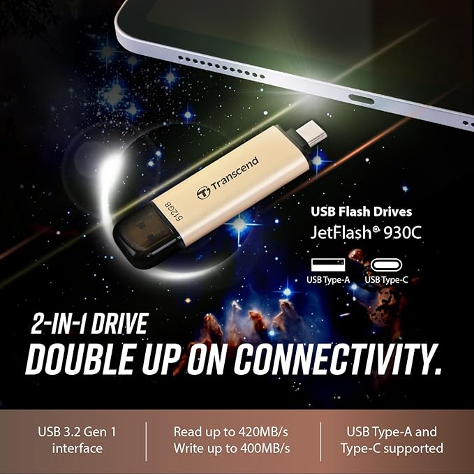 Transcend JF930 256GB Dual USB C Flash Drive for iPhone/iPad/Mac/Windows, Android/Tablet/PC/Gaming Console, Photo Stick Up to 420MB/s, USB 3.2 Thumb Drive, Memory Stick with 2-in-1 Type C &Type A