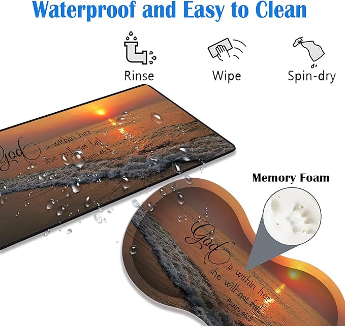 3 Piece Mouse Pad Set with Stitched Edge Large Anti-Slip Mouse Pad Desk Pad Keyboard Pad + Wrist Rest Pad + Coaster, Memory Foam Wrist Rest for Office/Home, Dusk Beach Quotes Psalm46:5