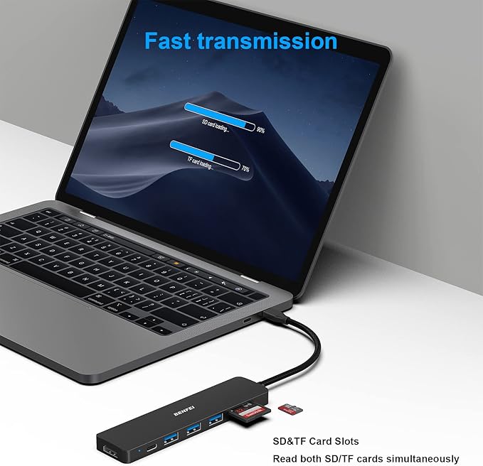 BENFEI 7-in-1 USB C Hub, USB-C Multiport Adapter with USB Type-C to HDMI, USB-C to SD TF Card Reader/3 USB 3.0/60W Power Delivery with iPhone 15 Pro/Max MacBook Pro/Air 2023, iPad