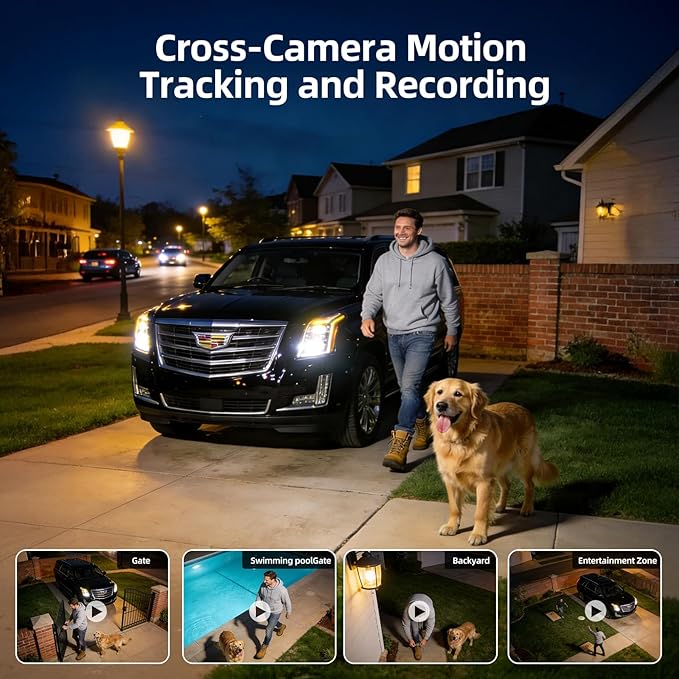 SV3C Solar Security Cameras Wireless Outdoor, 2K Dual Lens Camera System with Hub, Cross-Camera Tracking, 360° Pan Tilt, Color Night Vision, 2-Way Audio, No Subscription, 4 Camera Kit