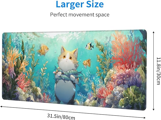 Cat Fish Mouse Pad Extended Large Gaming Mouse Pad XL Stitched Edges for Gamer Home Office 31.5 X 11.8 Inch