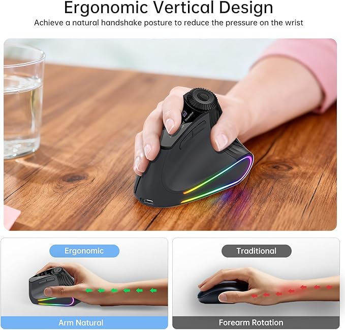 Ergonomic Vertical Mouse Wireless, Rechargeable Bluetooth Ultra-Fast Scrolling 4800 DPI Ergo Mouse, 2.4G Quiet Clicks 6 Buttons RGB Optical Mice, 3 Multi-Device Connectivity for Mac, Laptop