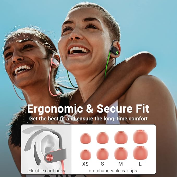 Bluetooth Headphones, Bluetooth 5.3 IPX7 Waterproof Wireless Sports Earbuds for Workout Gym, 16 Hrs Playtime Running Headphones with Noise Cancelling Mic, HiFi Bass Stereo in-Ear Earphones