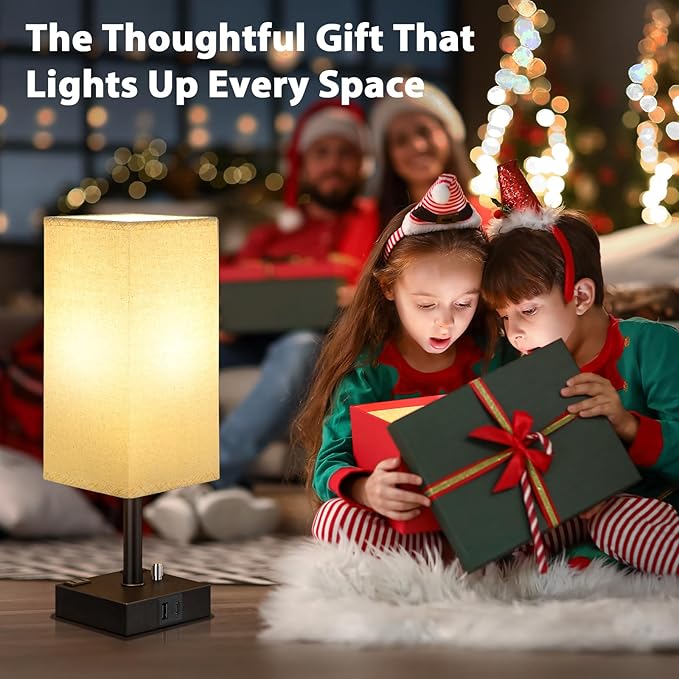 aooshine Fully Dimmable Nightstand Lamps Set of 2 - Table Bedside Lamp with USB C+A Charging Ports & 2 AC Outlets, Square Lamp Sets Linen Fabric Shade for Bedroom Living Room(Bulb Included)