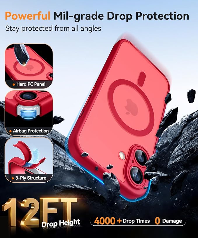 CANSHN Magnetic for iPhone 16 Plus Case, Upgraded [Full Camera Protection] [Compatible with Magsafe] [Translucent Matte] Shockproof Protective Phone Case for iPhone 16 Plus - Red