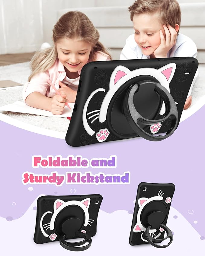 Wazzasoft for Samsung Galaxy Tab S6 Lite 10.4” Case Girls Cute Black Cat Cover Girly Kawaii Cartoon Women Kitten with Rotating Handle Stand & Strap Soft Silicon Funda for Samsung S6 Lite Tablet Cases
