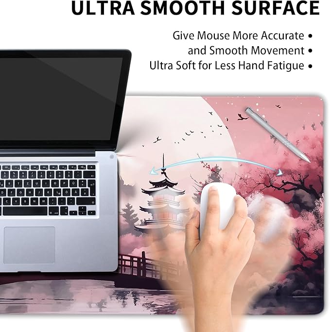 Pink Japanese Cherry Blossom Large Mouse Pad XL Sakura Forest Tree Sun Tower Mountain Extended Large Desk Mat Big Desk Pad 80X30 CM Non-Slip Rubber Base Stitched Edge Long Mousepad,31.5×11.8 Inch