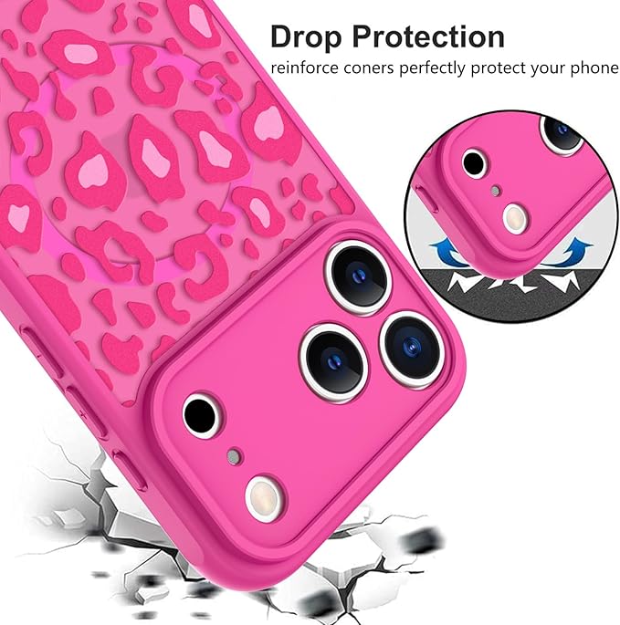 KANGHAR Case Compatible with iPhone 17 Pro Hot Pink Leopard Printed Pattern [Compatible with Magsafe] Cute Cheetah Protective Magnetic Case for Girls Women 6.3"