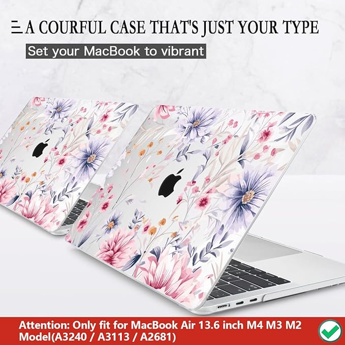 CISSOOK Flower Case for MacBook Air 13.6 Inch M5 M4 M3 M2 Chip Model A3449 A3240 A3113 A2681, Plastic Shell Cover with Keyboard Cover Screen Protector for MacBook Air 13 2022-2026, Flowers Watercolor