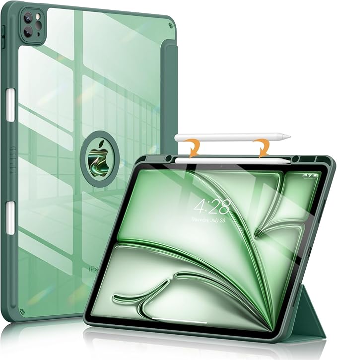 Soke for New iPad Air 13 Inch Case (M3 2025/M2 2024) with Pencil Holder, [Auto Wake/Sleep + Camera Protection] Shockproof Cover with Clear Transparent Back for Apple iPad Pro 12.9", Midnight Green
