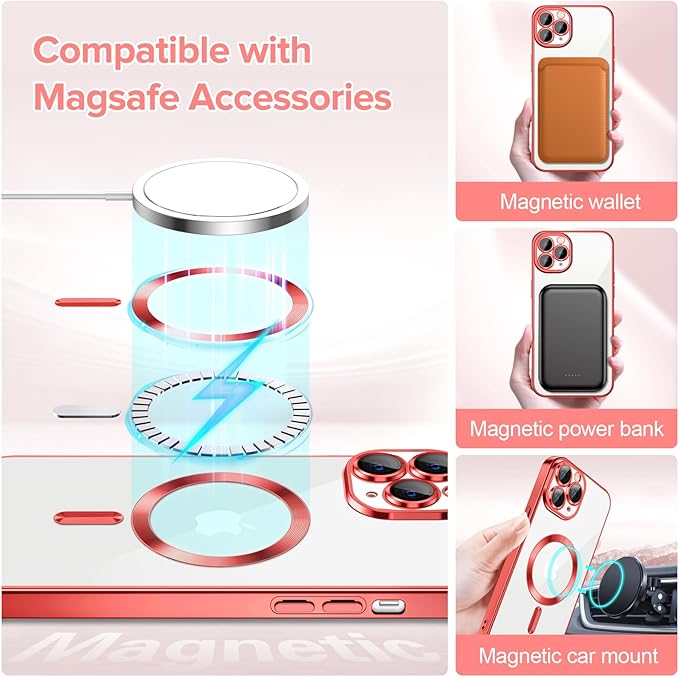 Hython Magnetic Clear for iPhone 11 Pro Case with Camera Lens Protector [Compatible with MagSafe] Luxury Plating Edge Slim Soft TPU Cover Protective Phone Case for iPhone 11 Pro 5.8", Red
