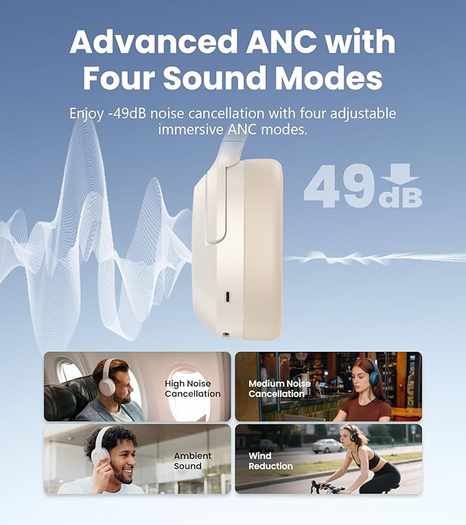 Edifier W820NB Plus Gen 2 Wireless Over-Ear Noise Cancelling Headphone, -49 dB ANC, LDAC Hi-Res Audio, 88H Playtime, Spatial Sound, Volume Guard, Bluetooth V6.1 & Multipoint, Fast Charge - Ivory