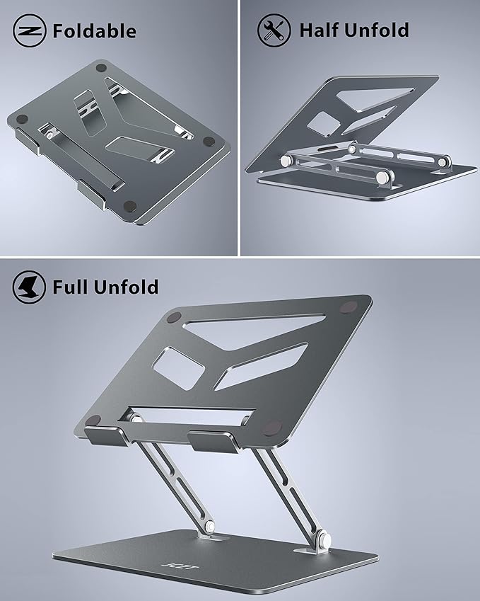 JCZT Aluminum Laptop Stand, Laptop Stand for Desk, Adjustable Height Ergonomic Computer Stands Compatible with MacBook Air, Pro, Dell, HP, Lenovo More, All 10-16'' Notebooks Laptops, Classic Grey