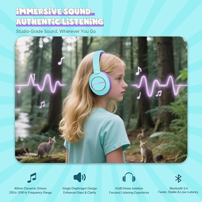 Steellumen Nova1Pro Active Noise Cancelling Headphones for Kids, 3-Level Safe Volume 75/85/94dB, ANC Safe Wireless Listen, Fast Charging, Bluetooth 5.4 with Mic, boy Girl for School, Travel & Airplane