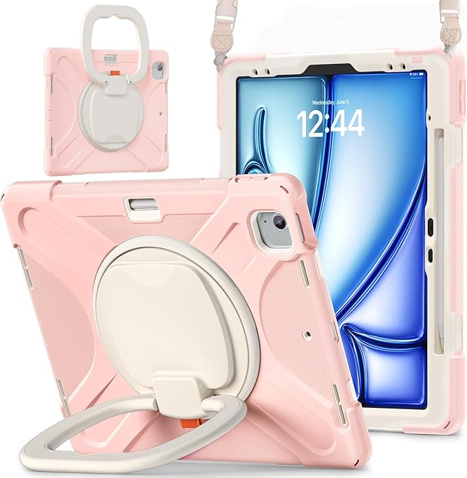 SCSVPN Case for iPad Air 13 inch M4/ M3/ M2 (2026/2025/2024) & iPad Pro 12.9 Case 6th/5th/4th/3rd Gen 2022 2021 2020 2018, Protective Cover w/Pencil Holder, Rotate Stand/Handle, Shoulder Strap, Pink
