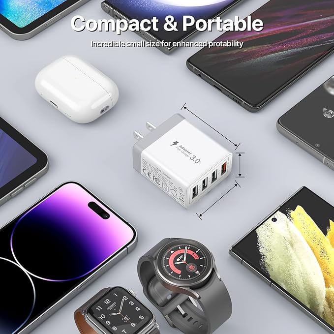 [2 Pack] USB Charger, 4 Port USBA Wall Charging Block, Fast Charge QC 3.0 Plug Adapter Compatible with iPhone 12/13/14/15/XS/XS Max/XR/X, LG, Google Pixel and More