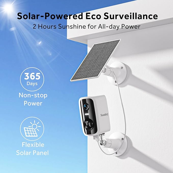 Noonkey 2 Pack Solar Security Camera Outdoor Wireless, 4MP HD Full Color Night Vision, 2.4/5GHz WiFi Home Security Camera with AI Motion Detection & Siren, 2-Way Audio, Alexa, No Wiring, Weatherproof