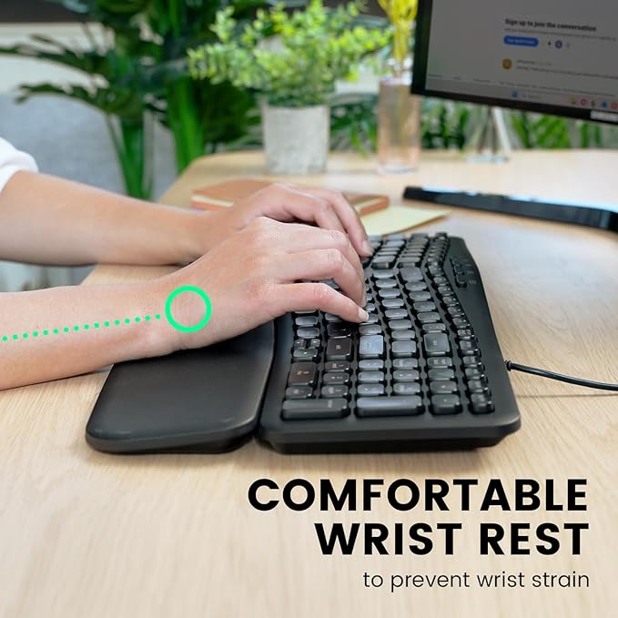 Perixx PERIBOARD-536B US, Wired Ergonomic Compact USB Keyboard - 16.34 x 5.71 x 1.61 inches Dimension - Build-in Number Pad - Detachable Wrist Rest - Silent Typing - Black