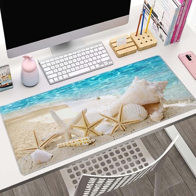 Starfishes Beach Gaming Mouse Pad, Extended Large Mouse Mat Desk Pad, Big Computer Keyboard Desk Pad, Stitched Edges Mousepad, 3mm Thick Long Non-Slip Rubber Base Mice Pad, 31.5 X 11.8 Inch
