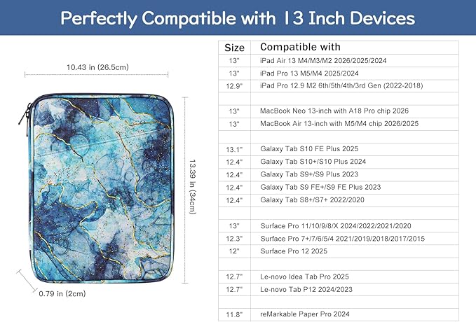 Dadanism 13Inch Tablet Sleeve Bag Carrying Case for iPad Pro 13" M5/M4 2025/2024, iPad Air 13" M4/M3 2026/2025, iPad Pro 12.9", Galaxy Tab S10+/S9 FE+/S9+ 12.4", Remarkable Paper Pro 11.8",Marble Blue