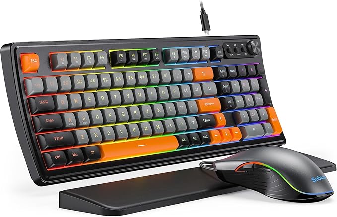SABLUTE Gaming Keyboard and Mouse, Quiet Membrane Keyboard with RGB Backlit, PC Gaming Keyboard with Multimedia Knob, Anti-Ghosting, Ergonomic Wrist Rest & 3200 DPI Mouse for Gamer/Office