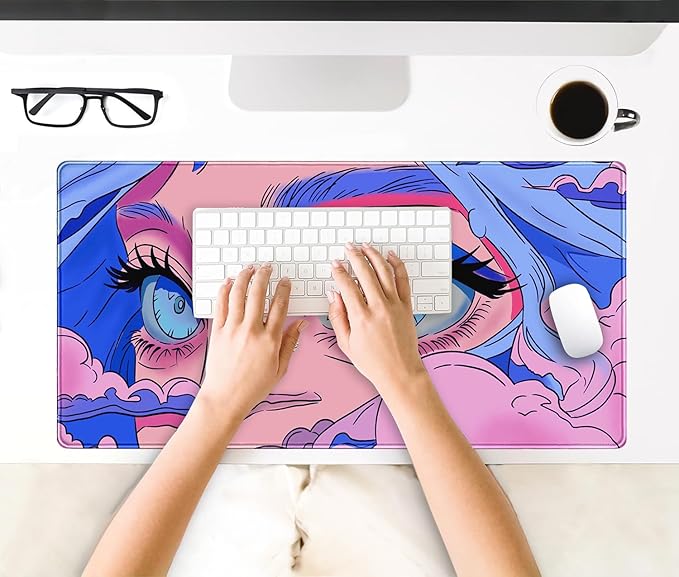 Anime Girl Loving Eye Desk Mat Desk Mat Pink Desk Pad Aesthetic Japanese Mouse Pad Large XXL Gaming Mousepad Computer Keyboard Mat Desk Matt for Desktop Office Decor Deskmat 31.5 X15.7In