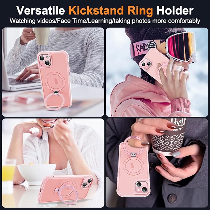 SKYLMW Compatible with iPhone 13 Case & iPhone 14 Case with Invisible Magnetic O-Ring Stand Translucent Phone Cases for 13 & 14 6.1" [Compatible with Mag-Safe][Great Grip Feeling], Pink