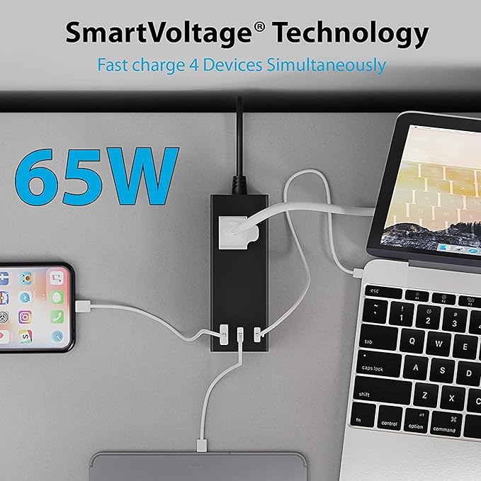 Ceptics 65W 3 Port PD 3.0 Ultra Compact Charger, USB C Wall Charger with GaN Tech, Quick Charge Adapter for MacBook, USB C Laptops, iPad, iPhone, Galaxy