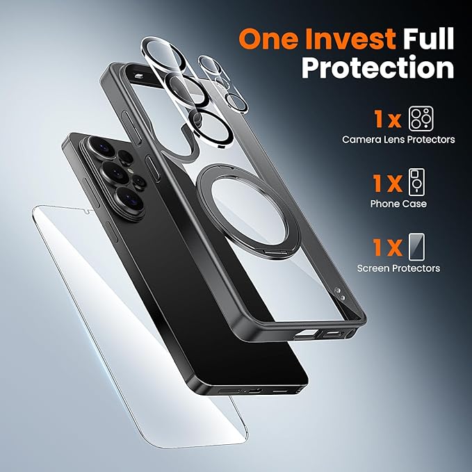 360°Ring Stand for Samsung Galaxy S26 Ultra Case with 1X Screen Protector +1X Camera Cover,Fit for MagSafe, Anti-Yellowing & Scratch-Resistant Back Phone Case for Galaxy S26 Ultra 6.9", Clear Black