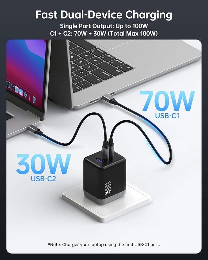 NOVOO 100W USB C Charger Block (GaN III), 3-Port Fast Foldable Compact Wall Charger for MacBook Pro/Air, Dell XPS 13, iPad Pro, Galaxy S24/S23, iPhone 16/15 Pro and More