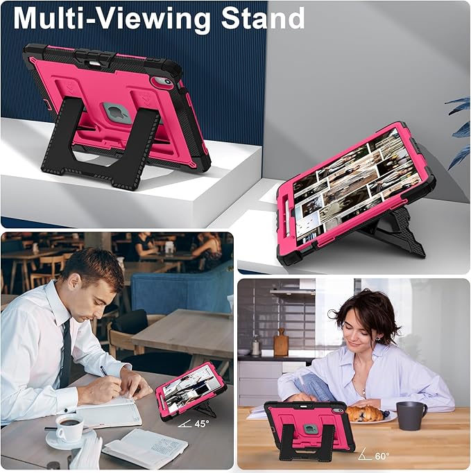 Kids Friendly Case for iPad Air 13 Inch M4 M3 M2 2026/2025/2024 Case with Pencil Holder & Shoulder Strap, Military Grade Shockproof Kickstand Hard Shell Protective Cover,Black+Rose