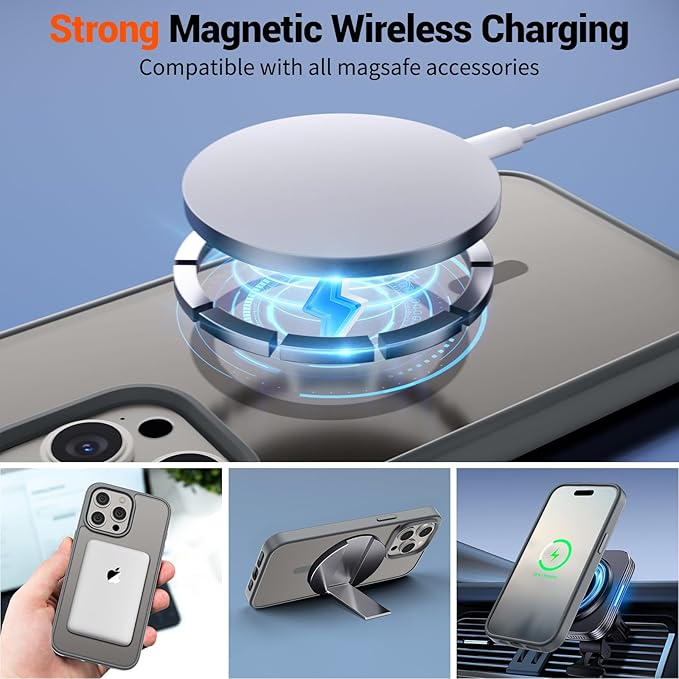 SUPFINE Magnetic for iPhone 15 Pro Max Case (Compatible with MagSafe) (Military Grade Drop Protection) Slim Translucent Matte Shockproof with Anti-Fingerprint Phone Case, Gray