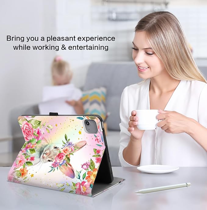 Lokigo for iPad Air 13 Inch Case M4/M3/M2 (2026/2025/2024), iPad Pro 12.9 Inch Case 6th/5th/4th/3rd Gen with Pencil Holder/Hand Strap/Pocket, Support Touch ID, Multi Angles View Stand, Rabbit Floral