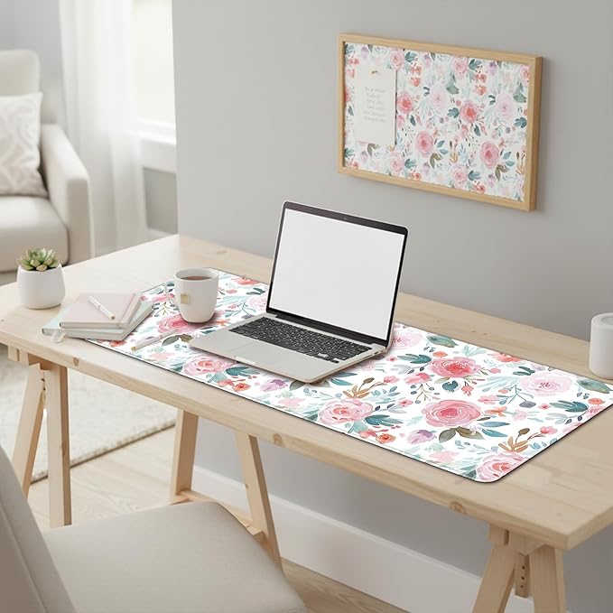 Pink Floral Mouse Pad (31.5 x 11.8 Inch), Large Watercolor Rose Desk Mat, Cute Botanical Pattern with Teal Leaves, Non-Slip Laptop Base, Spring Office Decor