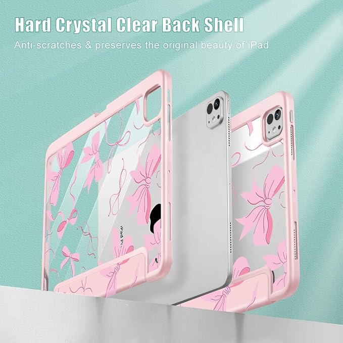May Chen Case for iPad Pro 13-inch 2024 7th Generation M4 Chip, [Built Pencil Holder Supports Pencil 2/USB-C] Ultra Thin Clear Back Shell with Trifold Stand Support Auto Wake/Sleep, Pink Bows 13