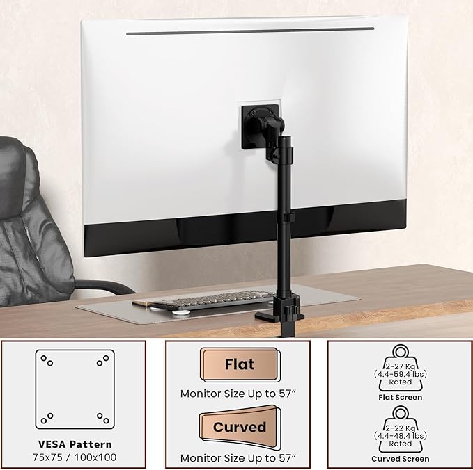 Monitor-Arm Ultrawide Heavy Duty 24-57'' - Aluminum Single Monitor Mount Holds up to 59.4lbs, Adjustable Desk Mount Stand, VESA 75/100 mm, Black