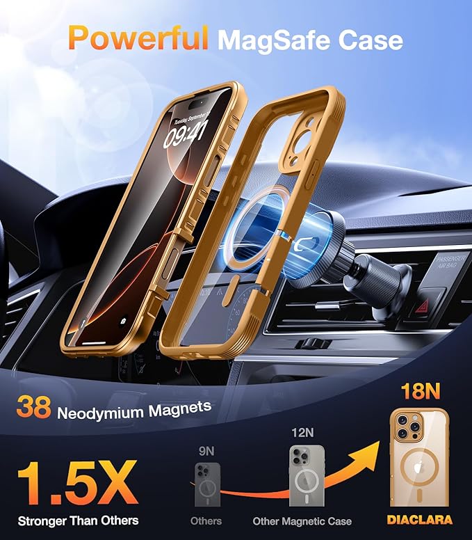 Diaclara Magnetic Designed for iPhone 16 Pro Max Case, Full Body Rugged with Touch Sensitive Anti-Scratch Screen Protector, Compatible with MagSafe, Soft Bumper Case for iPhone 16 Pro Max 6.9'', Brown