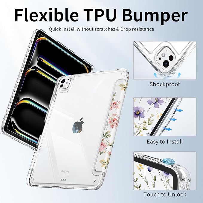 Clear Case for iPad Pro 11 Inch M5 (2025), Flower iPad Pro 11 M4 Case (2024) with Pencil Holder, Trifold Stable Stand, Transparent Shockproof Back Cover Protection, Pink Rose