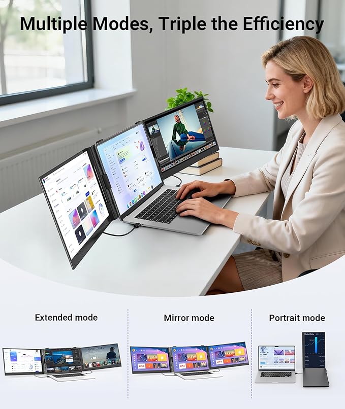 14" Triple Laptop Screen Extender, Ultra-Thin FHD 1080P Portable Monitor, 2.2lbs Lightweight Plug & Play Travel Monitor for 13"-17" Laptops, Compatible with Windows/Mac/Android/Chrome