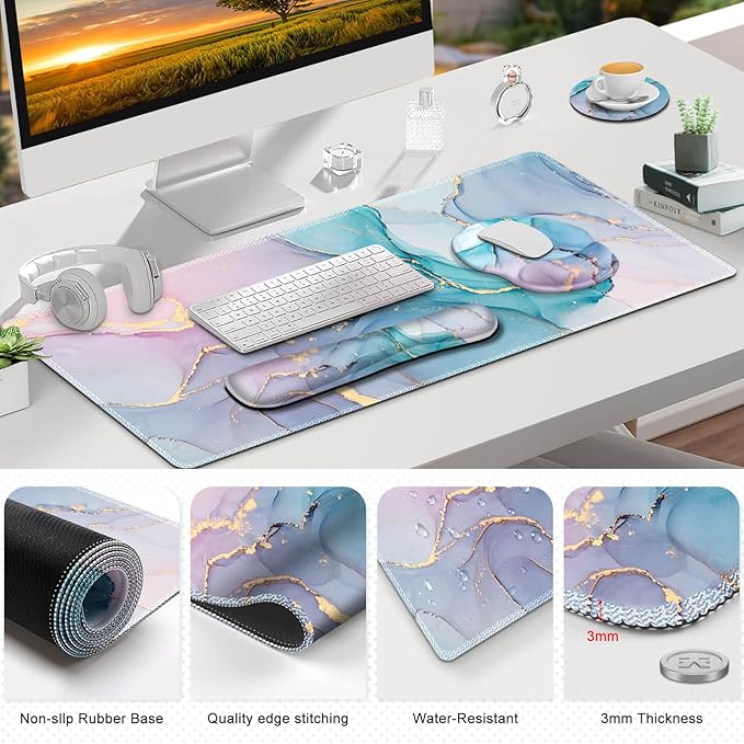 ToLuLu Desk Mat, XXL Large Mouse Pad Wrist Support Set，4 in1 Gaming Mousepad Desk Pad+ Ergonomic Mouse Pad with Wrist Rest + Keyboard Wrist Rest+Coaster for Home Office Computer, Blue Glitter Marble