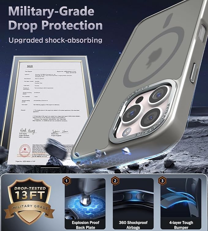 Newfuture Designed for iPhone 16 Pro Case with Magnetic [13 FT Military Drop Protection] [Compatible with Magsafe] Slim Translucent Matte Shockproof with Anti-Fingerprint Phone Case,Titanium Gray