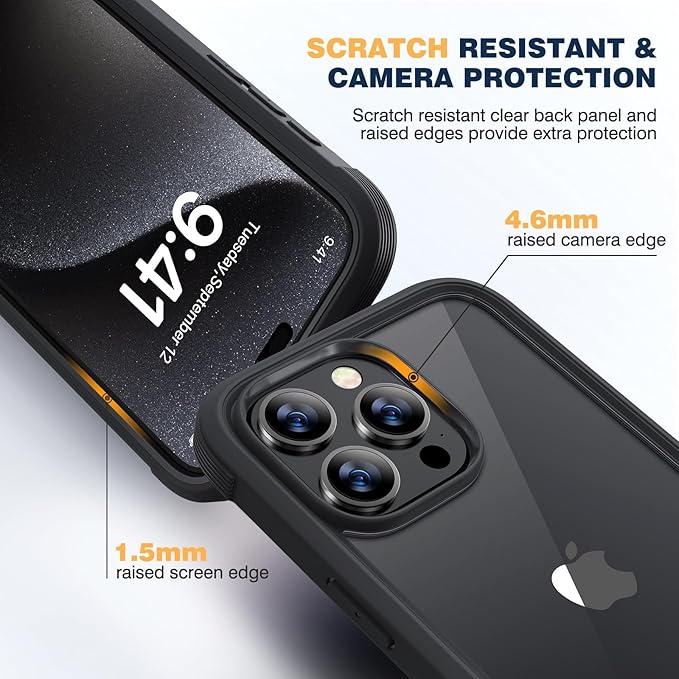 Diaclara Designed for iPhone 15 Pro Case, [Military-Grade Drop Proof] Full-Body Bump Case with Built-in Shockproof Screen Protector, [Camera Lens Protector] Phone Cover for iPhone 15 Pro 6.1"(Black)