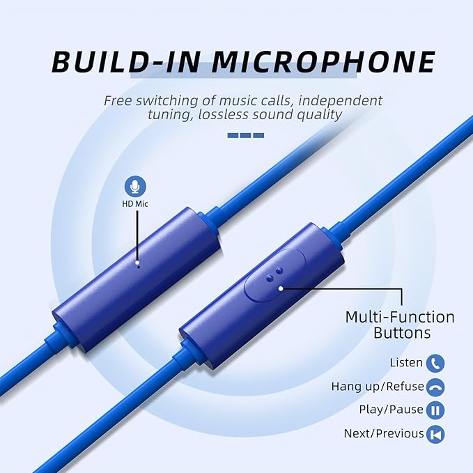 MORMOQUE EP-06 Wired Earbuds in-Ear Earphones,Build-in Microphone Noise Isolating Headphones,3.5mm Jack 4.9ft Long Cord Ear Buds,HD Bass Audio,with 6 Ear Tips,for Smartphones/Laptop/Computer Etc-Blue